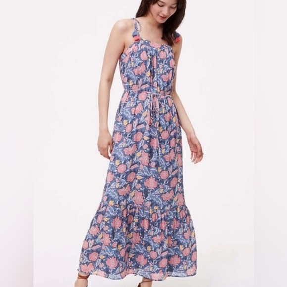 Women's LOFT Floral Tassel Tie Sleeve Ruffle Hem Boho Maxi dress size small - Picture 4 of 5